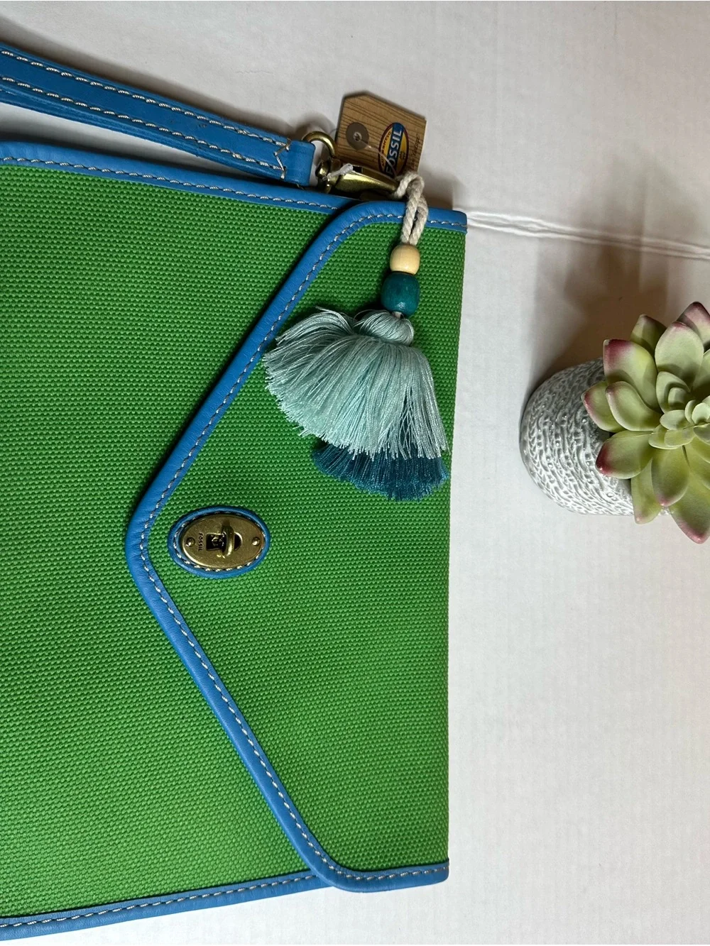 Fossil Green Canvas Wristlet Clutch with Blue Trim